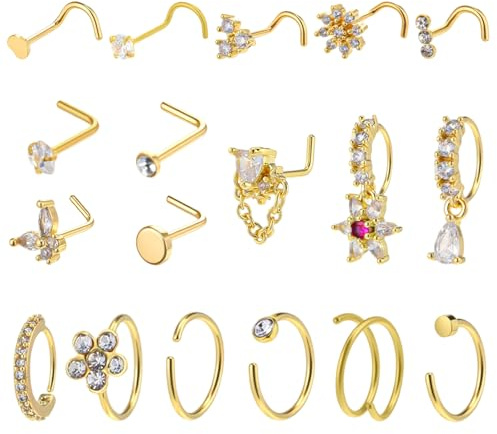 Fiyooau 18 Pcs 20G Gold Nose Ring Studs, Stainless Steel Nose Rings Hoops L Shaped Corkscrew Nose Studs Heart Butterfly Flower Cubic Zirconia Nostril Piercing Daith Tragus Piercing Jewelry | for Women, Stainless Steel, Dangle Nose Ring, Corkscrew, Heart Butterfly Flower, CZ, Daith Tragus Piercing Jewelry