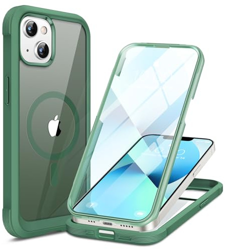 Miracase Magnetic for iPhone 13 mini Case, Full Body Protection, Green | [Built-in 9H Tempered Glass Screen Protector] Compatible with MagSafe, Military Grade Drop Proof with Clear Back Cover 5.4