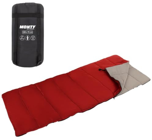 MONTY Saco de Dormir para Adulto de 190x75 cm en Color Granate. 3-4 Estaciones. Relleno de Fibra Hueca de 1200 gr, temperaturas de 10-15 Grados. con Cremallera Lateral y Bolsa de guardado.