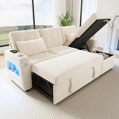 Sapgaks - Sofá esquinero convertible de 3 plazas con USB/Type-C,sofá convertible de 3 plazas, sofá cama de 3 plazas, chenille, con compartimento de almacenamiento, portavasos, color beige