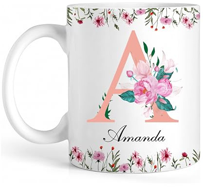 Expression Expert Personalised Floral Initial Name Mug – 11oz Custom Ceramic Coffee Cup, Customised Gift for Birthday Party, Friends & Family, Stylish Personalised Tea Mug – Rose