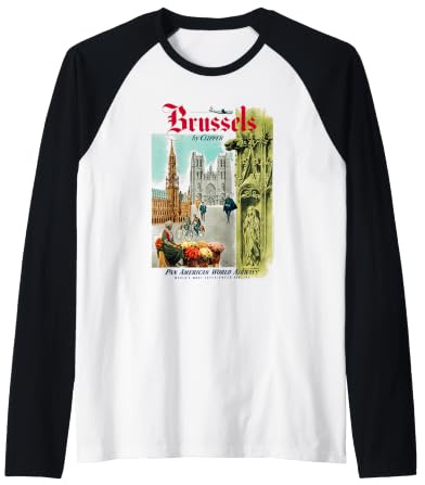 Pan Am Vintage Brussels Belgium Tour Poster Retro Travel Ad Raglan Baseball Tee