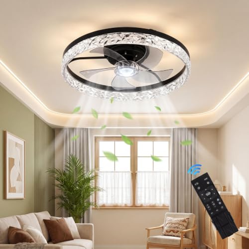 50CM Ceiling Fan with Lights, Remote Control & APP, 60W Smart Dimmable LED 3 COLOR Ceiling Fans Light, 6 Speeds & Timer Quiet Modern Fan Lamp for Living Room,Bedroom,Kitchen (Black,Crystal 50CM)