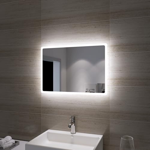 SONNI Badspiegel mit Beleuchtung Wandspiegel 60 x 40cm | Led Badspiegel Kaltweiß Wandschalter IP44 vertikal & horizontal HD