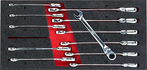 VIGOR Gelenk Ratschen Ring-Maulschlüssel-Satz, V5077, 2K Weichschaumeinlage | Abtrieb Außenprofil Doppelsechskant, Außenprofil Sechskant, Länge 393 mm, Breite 188 mm, Höhe 35 mm, 1670 g