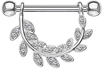 beyoutifulthings Brustwarzen-Piercing ZIRKONIA-BESETZTE BLÄTTER Brust-Piercing Nippel-Piercing Edelstahl Clear Gold Silber ROSÈGOLD 1,6mm 14mm