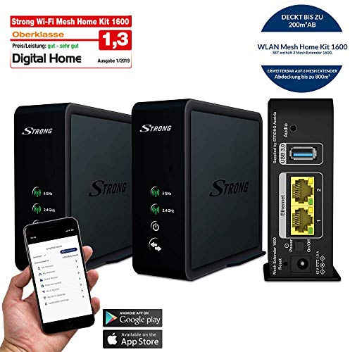 STRONG Wi-Fi Mesh Home Kit 1600, WLAN Verstärker, Heimnetzwerk Repeater bis 200 m² Abdeckung, bis 1600 Mbit/s, 2.4+5 GHz, 2X Gigabit LAN, USB 3.0 schwarz