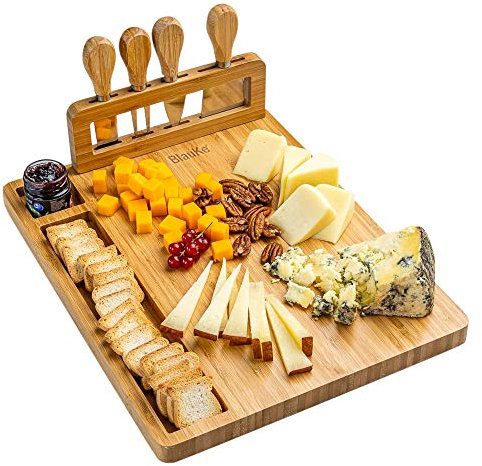Tabla de Quesos con Utensilios – Tabla de Madera de Bambú para Cortar Queso – Bandeja de Madera para Queso Desayuno Aperitivo – Tabla de Cortar Cocina Madera – Bandejas para Servir Comida– Idea Regalo