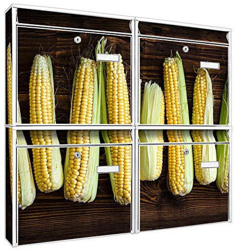 banjado Briefkastenanlage 4 Fach - Postkästen groß - verzinkter Stahl weiß DIN A4 Motiv Maiskolben - Briefkasten Set 4 Briefkästen Namensschild, 2 Schlüssel, Montagematerial