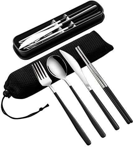 VANRA 4-Piece Portable Travel Utensils Set with Case 18/10 Stainless Steel Flatware Set Reusable Cutlery Set with Fork Spoon Knife Chopstick for Lunch Travel Camping School Work Picnic (Black)