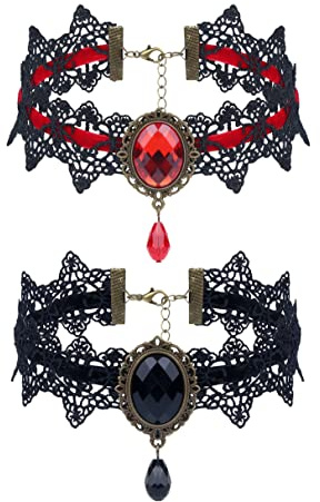 Finrezio Gothic Schmuck Set Halloween Schwarz Spitze Halskette und Ohrringe Set für Damen Gothic Rot Anhänger Spitze Choker Halloween Schmuck Set für Halloween-Kostüm Cosplay