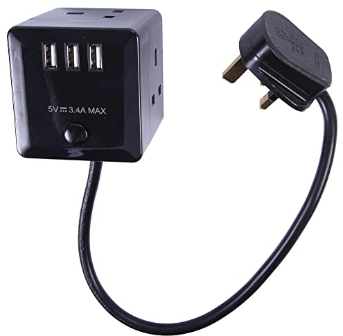 PRO ELEC 3‑Gang Cube Mains Extension Lead with USB, 1m Cable, 13A, Black – PELB1481