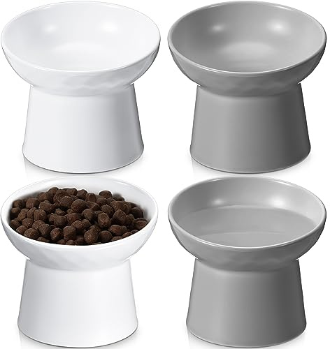 Tanlade 4 Pcs Ceramic Raised Cat Bowls, Elevated Tilted Cat Bowl for Food Water, Stress Free, Backflow Prevention, Dishwasher Microwave Safe, Feeder Dish for Indoor Kitten, Small Dogs(White and Grey)