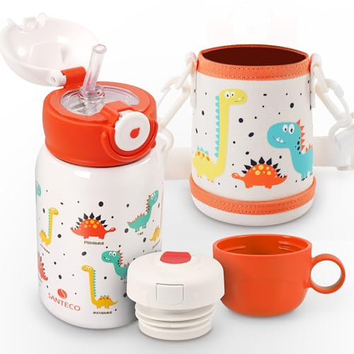 SANTECO Trinkflasche Kinder Edelstahl mit Strohhalm et Flaschentasche Auslaufsicher - Thermosflasche 450ml - BPA frei Thermo Wasserflasche Jungen/Mädchen für Kindergarten, Schule, Reise