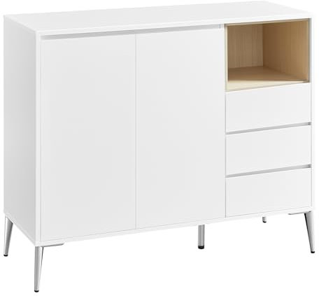 VASAGLE Mobiletto, Credenza, con Ante e Ripiano Regolabilie in Altezza, 3 Cassetti, Scomparto Aperto, Moderno, 40 x 103,5 x 85 cm, per Soggiorno Cucina Studio, Bianco Nuvola BBK273W21V1