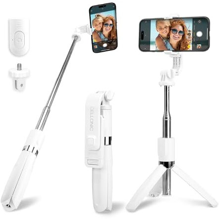 2-in-1 Selfie Stick and Tripod - 1m Long Extendable Telescopic Monopod & Folding Selfie Tripod with Bluetooth Remote Control for Phone, Camera - Compatible with iPhone, GoPro, Android & More - White