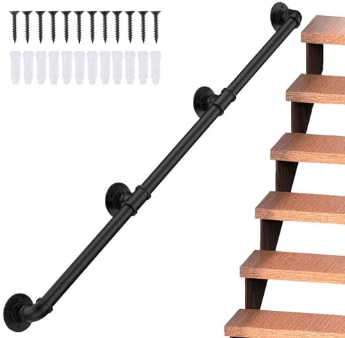Magtctyae 3M/10FT Stair Handrail Industrial Iron Pipe Hand Railing Wall Mounted Support Step Baluster Handrail Indoor Outdoor Non-Slip,Black, BGDFS-3M