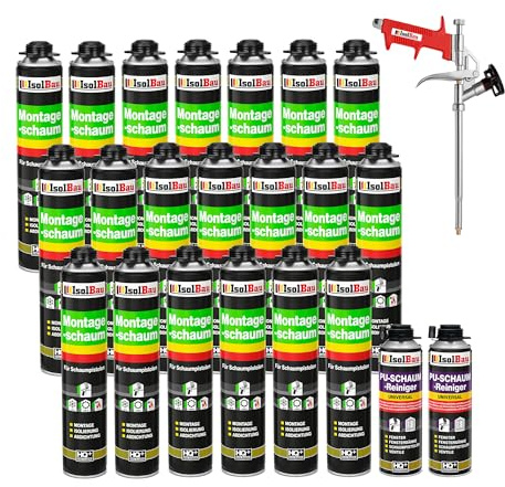 Isolbau Bauschaum-Set - Inkl. 20 x 1K Montageschaum B2 Pistolenschaum mit hervorragender Schall und Wärmedämmung (je 750 ml), 2 x PU-Schaum-Reiniger (500 ml) & 1 x Schaumpistole, Verfüllen
