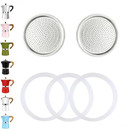 DITOSH 2 Pcs Filtre Avec 3 Pcs Joint d'étanchéité en Silicone Pour Cafetière Expresso 12 Tasse 14 Tasse Pièces de Rechange Moka Pot en Aluminium