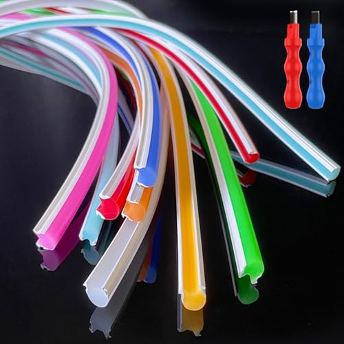 KSDLMPA 16.4Ft/5M Separated Neon Flexible LED Light Strip Cover, 8mm White Wear Free DIY Bendable Silicone Diffuser Cover with Cutter and Same Color Lamp Belt for Bar Car Outdoor Home DIY Decor