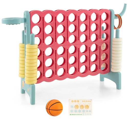 GYMAX Giant 4 in a Row Game, Jumbo Connect 4 Garden Games with 42 Rings, Basketball Hoop, Ring Game & Quick-Release Slider, Outdoor Four in a Row Toys for Kids Adults Family (Blue+Pink)