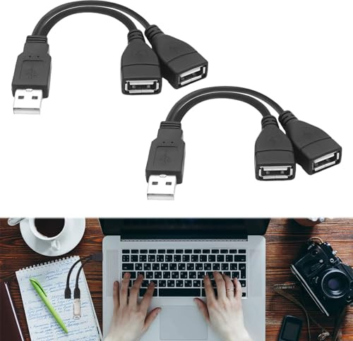 USB Double Adapter, 2 PCS Splitter 2 Port Female to Male Cable, Charge & Sync Extender for Laptop, Phone, Tablet, Y Splitter Power Cord Adapter