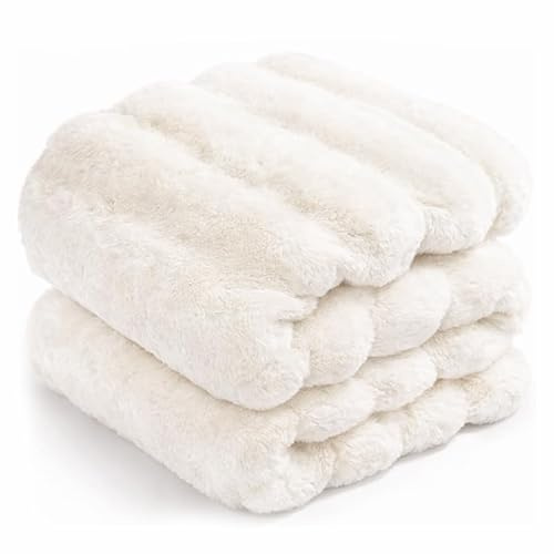 Touchat Luxury Faux Rabbit Fur Throw Blanket for Couch, Super Heavy Warm Cozy Fuzzy Blanket for Sofa Bedroom Living Room, Ultra Soft Fluffy Reversible Plush Blanket for Home Decor Gifts,Cream White