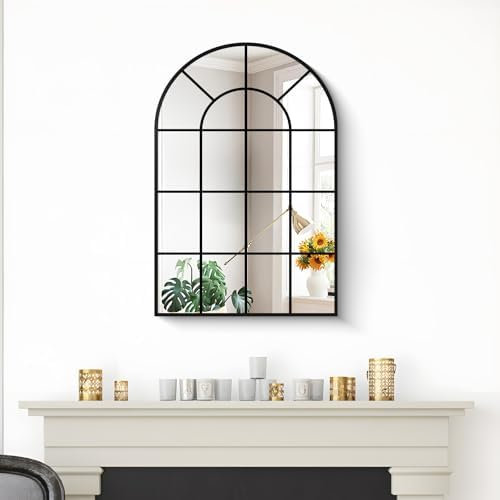 NIMURY Wandspiegel Schwarz 50 x 75 cm, Dekorativer Fensterspiegel aus Metall in Edelrost-Optik, Spiegel Bogen für Badezimmer, Wohnzimmer