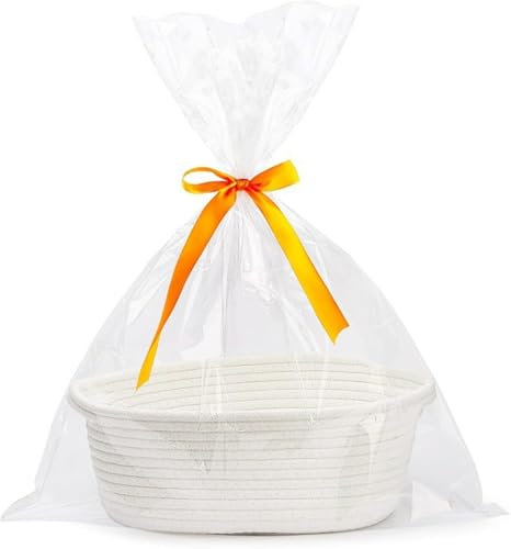Gift Basket Empty, Woven Cotton Rope Basket with Gift Bags and Ribbons, Hamper Baskets for Gifts Empty With Handles, Cat Dog Toy Storage Basket for Baby Shower, Birthday,Wedding,Easter (white)