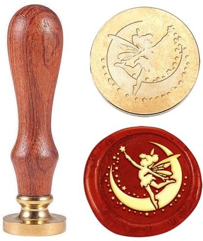 Hobbspring 1 Stück Mond Wachs Siegelstempel Fee Vintage Wachs Siegelstempel Geschenk für Weihnachten 25mm Abnehmbarer Messingkopfstempel Mit Holzgriff Einladungskarten Wachsstempel Für Umschläge