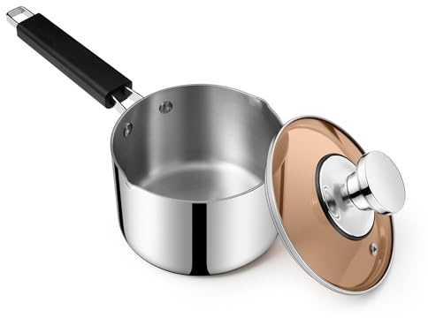 Joyfair 18cm Tri-Ply Stainless Steel Saucepan Milk Pot with Glass Lid -2.5L | Non-Toxic, Pouring Lip, Insulated Handle, Multi-Hob Compatible, Heat Resistant, Versatile Use, Easy to Store, Dishwasher Safe