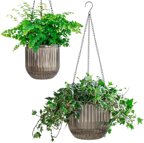 Melphoe 2 Pack Self Watering Hanging Planters Indoor Flower Pots, 5.3/8.3 Inch Outdoor Hanging Basket, Plant Hanger with 3Hooks Drainage Holes for Garden Home (Gray)
