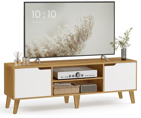 VASAGLE Mueble de TV de 2 Puertas, Soporte de TV con Estantes Ajustables, Largo de 147 cm, para Televisores de 65 Pulgadas, para Salón, Comedor, Dormitorio, Roble Natural y Blanco Crema LTV556Y01