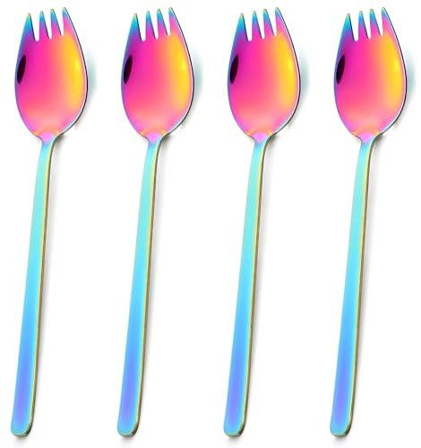 HJZHII 4 Pcs Stainless Steel Sporks, 7.5 Inches Long Handle Dessert Spoons Salad Forks Ice Cream Spoons Reusable Fruit Appetizer Dessert Forks Flatware Set for Household Camping