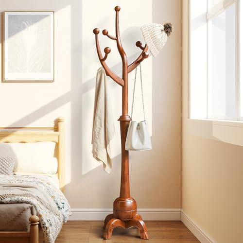 Stehender Garderobenständer aus Massivholz, Kleiderständer Holz ist 180 cm hoch mit 8 Haken, Baumform-Design, Stabilem Kugelbasis, Tragkraft bis 75 kg, Flur, Eingangsbereich, Schlafzimmer Teak Braun