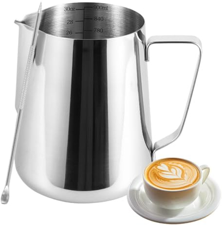 Messbecher Edelstahl 900ML mit Messung Mark Latte Art Pen Rührbecher Metall Mixbecher für Stabmixer Schlagmilch Latte Art. Tägliche Kaffeezubereitung für Cafés Restaurants Bars