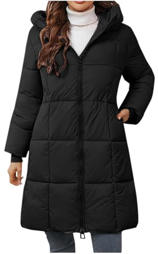 Womens Long Puffer Coat Hooded Warm Winter Quilted Jacket Lightweight Padded Parka Zip Up with Pockets Insulated Windproof Water Resistant Longline Knee Length Down Alternative Outerwear
