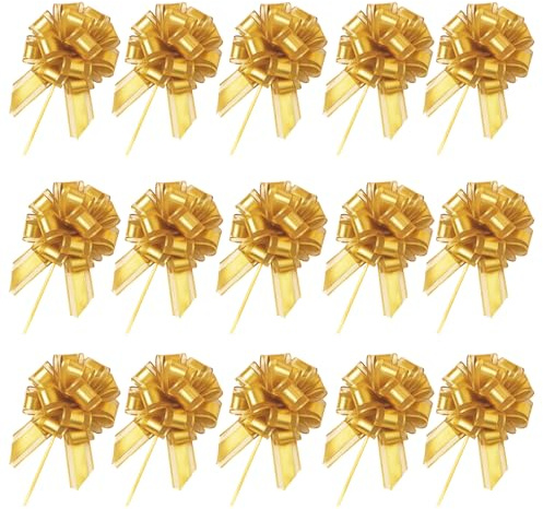 JcvPot Große Geschenkschleife, Goldene Schleife Für Geschenkverpackung, Hochzeitsdekor, Geburtstagsfeier, Auto-Dekoration, 15 Stück, 5x130 cm, Blütendurchmesser 16 cm