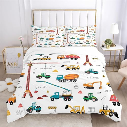Funda Nordica Cama 90 Tractor Excavador Funda Edredon Microfibra Ropa de Cama Coches de Dibujos Animados para Niños Fundas Nórdicas 150x200 con 2 Fundas de Almohada 50x75 con Cremallera D-977