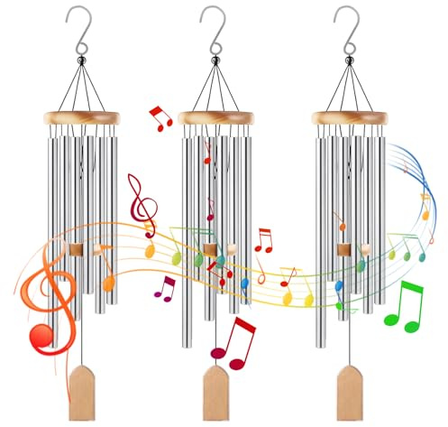 CYEER 3 Stück Windspiele für Draußen Groß 75 cm, Klangspiel mit 6 Metallröhren und Holzoptik-Elementen, Wetterfestes Silber Windspiel für Balkon, Garten, Terrasse & Outdoor Deko