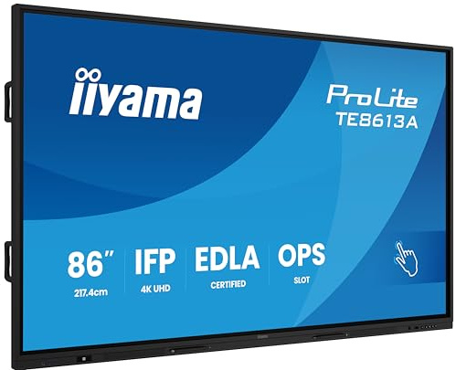 iiyama Prolite TE8613A-B2AG 217cm 86 IPS LED 4K UHD 40 Touch Touch Screen PureTouch-IR HDMI DP USB-C DP-Alt USB2.0/3.2 RJ45 WiFi OPS Android 14 Google EDLA PIR NFC Anti-Glare 7H 24/7