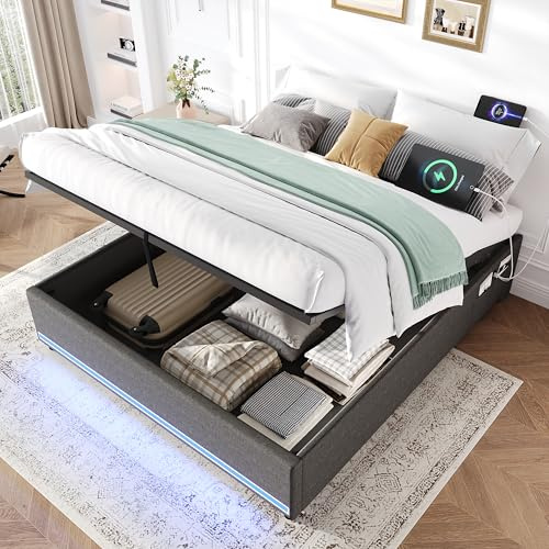 Merax Double Ottoman Storage Bed Frame with LED Lights and Charging Station, 4FT6 Hydraulic Lift Linen Upholstered Bed, No Headboard Storage Bed, Grey (No Mattress)
