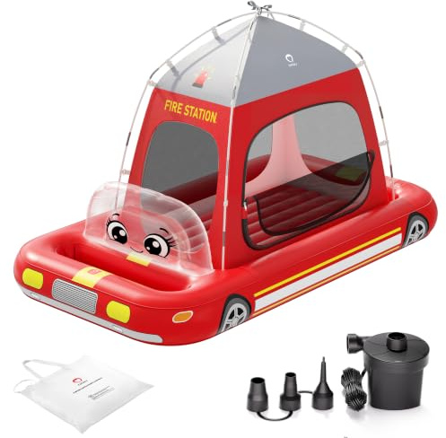 QPAU Colchón inflable de aire para niños, diseño de tienda de campaña de bomberos, a partir de 3 años, rojo | La bomba de aire soporta una configuración rápida, con un diseño portátil para el hogar, viajes, camping y fiestas