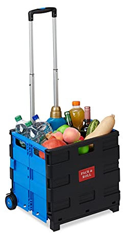 Relaxdays Einkaufstrolley klappbar, Teleskop-Griff, 2 Gummi Rollen, bis 35 kg, Shopping Trolley, Aluminium, ABS, blau