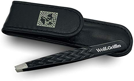 Wolf & Griffin Black Edition - Pinzette di precisione con custodia, in acciaio inox con rivestimento nero, pinzette professionali per sopracciglia oblique, per uomini e donne