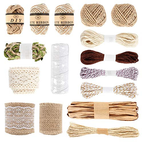 Jubaopen 16 Stück Juteband Spitze Schnur Set Sackleinen Spitzenband Natürliche Sackleinen Jute Band Rolle DIY Garten Kordel Geschenkband zum Basteln Bastelschnur für Handwerk Hochzeit DIY Basteln