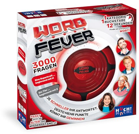 HUCH!, Word Fever, Familienquiz, Schnelles Wortspiel mit elektronischem Quizmaster, 3000 Fragen, rasantes Partyspiel, Für 2-4 Spieler ab 7 Jahren