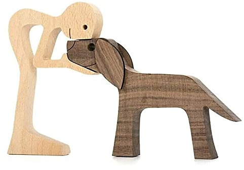 Nihexo Pet Lover Gifts Wood Sculpture, Family & Puppy Wooden Crafts Sculpture, Unique Gift Hand Carved Wood Dog Human Statue, Pet Lover Gifts Wood Sculpture (Man and Dog)
