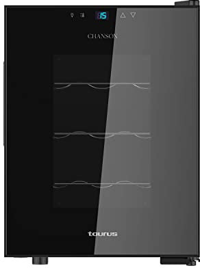 Taurus WC12T - Vinoteca termoeléctrica para 12 botellas, silenciosa, no vibra, aislamiento especial del interior, puerta de vidrio, temperatura regulable con panel táctil, suave luz interior, negro