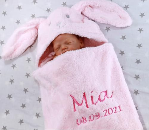 Generisch Babydecke mit Kapuze Hase – personalisierte Kuscheldecke rosa mit Name – Geschenk zur Geburt & Taufe – weiche Kapuzendecke für Neugeborene Mädchen (Rosa - Hase 2)